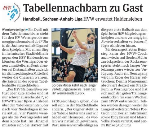 Volksstimme Vorbericht zum Spiel am Samstag